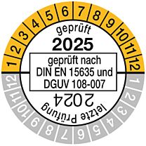 Prüfplakette geprüft nach DIN EN 15635, einjährig 2025