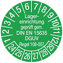 Prüfplakette - Lagereinrichtung geprüft - DIN EN 15635/DGUV Regel 108-007