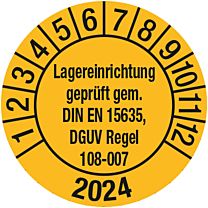 Prüfplakette - Lagereinrichtung geprüft gem. DIN EN 15635, DGUV Regel 108-007