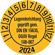 Prüfplakette - Lagereinrichtung geprüft gem. DIN EN 15635, DGUV Regel 108-007